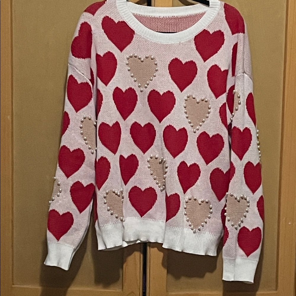 SHEIN Red and Cream Heart Sweater